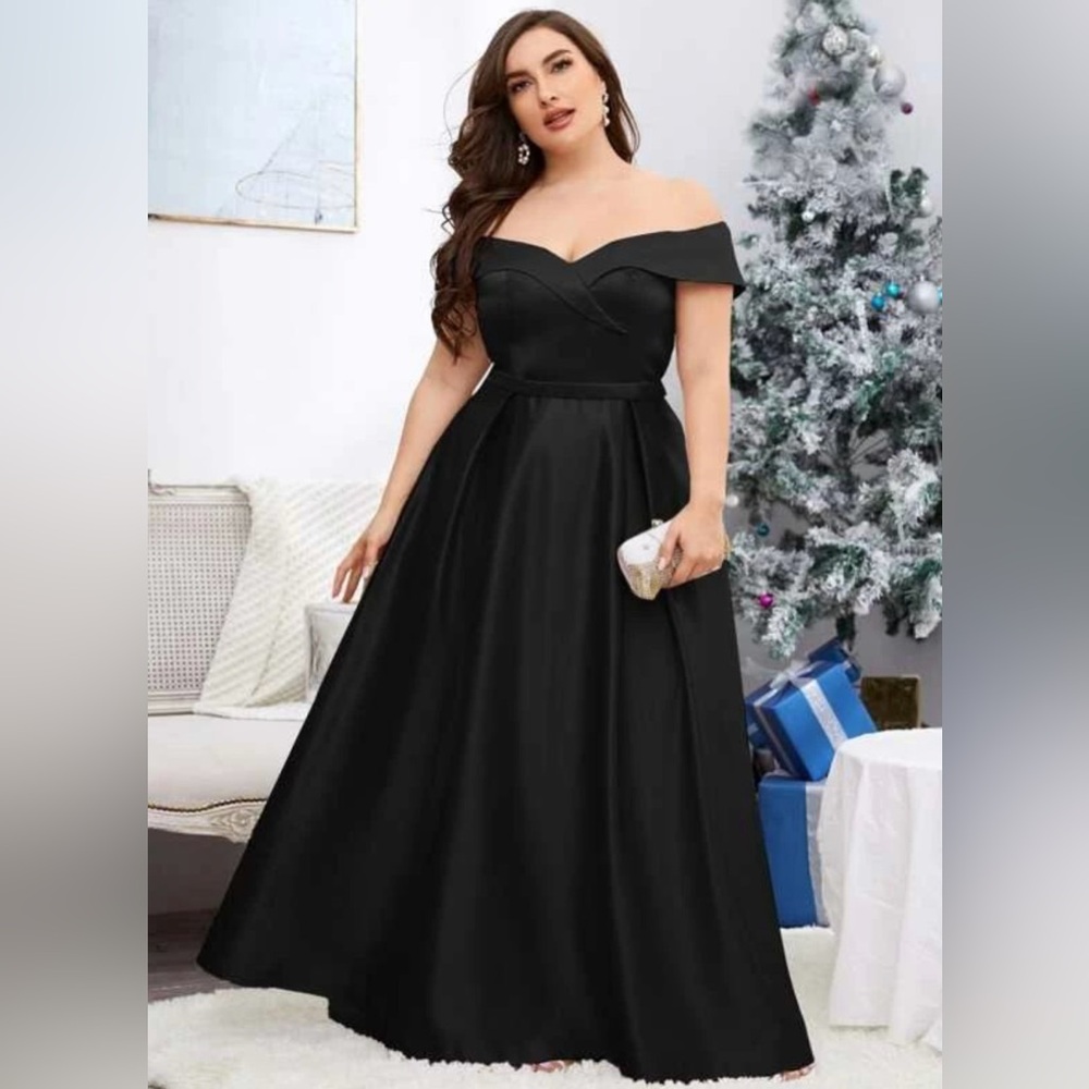 SHEIN Curve Wedding Guest Black Off-Shoulder Evening Gown